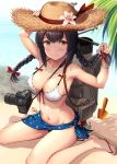  armpits beach between_breasts bikini black_bikini_bottom black_hair blush bracelet braid breasts brown_eyes camera cleavage collarbone covered_nipples day eyebrows_visible_through_hair hair_between_eyes hat highres holding holding_hair ichikawa_feesu isonami_(kantai_collection) jewelry kantai_collection long_hair looking_at_viewer looking_up medium_breasts navel outdoors palm_tree rigging sandals sarong side-tie_bikini sitting smile smokestack solo strap straw_hat sun_hat swimsuit tree twin_braids wariza white_bikini_top 