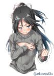  black_hair blue_eyes blue_hair blush breast_conscious breasts ebifurya frown gradient_hair grey_sweater hair_between_eyes hair_ribbon high_ponytail highres kantai_collection katsuragi_(kantai_collection) lips long_hair looking_at_viewer meme_attire multicolored_hair navel open-chest_sweater ponytail ribbed_sweater ribbon simple_background small_breasts solo sweater tears trembling twitter_username upper_body 