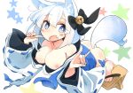  :o animal_ears areolae ass bare_shoulders bell black_bow blue_eyes blue_ribbon blush_stickers bow breasts cleavage eyebrows_visible_through_hair fang finger_to_face fox_ears fox_girl fox_shadow_puppet fox_tail geta hair_bell hair_bow hair_ornament hands_up highres index_finger_raised japanese_clothes jingle_bell large_breasts layered_sleeves long_sleeves looking_at_viewer miko nipples no_bra open_mouth original raised_eyebrows ribbon ribbon-trimmed_sleeves ribbon_trim senhappyaku shoe_dangle short_hair simple_background solo star starry_background tail white_background white_hair white_pupils wide_sleeves 