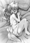  animal_ears backless_dress backless_outfit barefoot dog_ears dog_tail dress fetal_position greyscale hair_ribbon long_hair lying monochrome on_bed on_side original pillow ponytail ribbon sad tail tears toba_hiyoko 