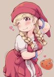  ;) arm_under_breasts bangs blonde_hair blush bracelet braid breast_hold breasts closed_mouth dragon_quest dragon_quest_xi dress eyebrows_visible_through_hair hat heart ibukichi jewelry long_hair looking_at_viewer motion_lines one_eye_closed puffy_sleeves purple_eyes red_hat slime_(dragon_quest) small_breasts smile solo sweat twin_braids veronica_(dq11) wavy_mouth 