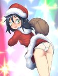  1girl ass bags_under_eyes black_hair blush d: dress frankseven fur-trimmed_dress fur-trimmed_hat fur_collar green_eyes hair_between_eyes hat highres kuroki_tomoko leaning_forward long_hair looking_back open_mouth panties red_dress red_hat sack santa_dress santa_hat solo sparkle sweat underwear watashi_ga_motenai_no_wa_dou_kangaetemo_omaera_ga_warui! white_panties 