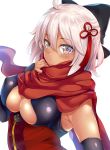  ahoge arm_guards black_bow black_coat bow breasts cleavage_cutout commentary dark_skin fate/grand_order fate_(series) hair_between_eyes hair_bow hinata_sora long_hair okita_souji_(alter)_(fate) okita_souji_(fate)_(all) red_scarf scarf solo tassel tied_hair underbust white_background white_eyes white_hair 