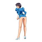  1girl 90s agent_aika ass black_background black_hair blue_delmo breasts delmo dress legs medium_breasts panties pantyshot short_dress short_hair simple_background skin_tight skirt thighs turnip007 underwear white_panties 