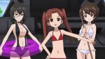  10s 3girls animated animated_gif bikini black_eyes black_hair breasts brown_eyes brown_hair flat_chest girls_und_panzer glasses kadotani_anzu kawashima_momo koyama_yuzu large_breasts long_hair multiple_girls red_eyes red_hair screencap short_hair stretch swimsuit twintails 