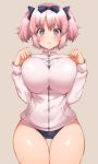  1girl absurdres blush bow breast_squeeze breasts buruma commentary_request cowboy_shot hair_bow hechi_(hechi322) hibari_(senran_kagura) highres jacket large_breasts pink_hair senran_kagura short_twintails solo symbol-shaped_pupils thigh_gap track_jacket twintails wavy_mouth 
