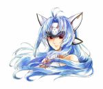  android blue_hair breasts commentary cyborg forehead_protector jinni kos-mos lips long_hair red_eyes solo xenosaga 