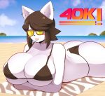  2018 anthro beach big_breasts bikini breasts butt canine clothing cloud digital_media_(artwork) dog eyewear female hair hi_res looking_at_viewer lying maggie_applebee mammal on_front seaside sky solo sunglasses swimsuit theycallhimcake tongue tongue_out 