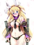  animal_ears bare_shoulders blonde_hair blue_eyes breasts bukkake bunny_ears commentary_request cum detached_sleeves flower glasses kyoro_(cothurnus) large_breasts long_hair navel necktie open_clothes original solo tonfa twintails weapon 