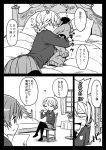  anger_vein braid chair clothes_sniffing comic cup darjeeling girls_und_panzer greyscale heart highres holding holding_paper hone_(honehone083) jacket monochrome multiple_girls necktie object_hug on_bed orange_pekoe pantyhose paper saunders_military_uniform sitting skirt smelling st._gloriana's_school_uniform surprised teacup translation_request yuri 