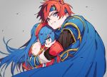  1girl armor blue_cape blue_eyes blue_gloves blue_hair blue_headband cape commentary_request fire_emblem fire_emblem:_fuuin_no_tsurugi gloves grey_background hat headband highres injury itou_(very_ito) lilina long_hair long_sleeves red_hair red_hat roy_(fire_emblem) short_hair simple_background torn_clothes 