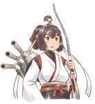  bow_(weapon) brown_eyes brown_hair cannon fairy_(kantai_collection) hachimaki hair_ribbon headband holding holding_bow_(weapon) holding_weapon ise_(kantai_collection) kantai_collection karasu_(naoshow357) katana nontraditional_miko ponytail red_ribbon remodel_(kantai_collection) ribbon short_hair simple_background sitting skin_tight sword turret undershirt upper_body weapon white_background 