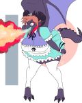 2018 barefoot big_breasts breasts cleavage clothed clothing cyrus_physhor dragon eyewear female fire fire_breathing glasses hair horn kobayashi_(dragon_maid) maid_uniform open_mouth pigeon_toed post_transformation solo standing uniform wings 
