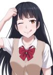  ;q bangs black_hair brown_eyes darknessukaru long_hair one_eye_closed original school_uniform smile solo sweater_vest tehepero tongue tongue_out uniform 