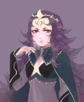  artist_request breasts cape cleavage cleavage_cutout closed_mouth commentary elbow_gloves fire_emblem fire_emblem_if gloves long_hair looking_at_viewer nyx_(fire_emblem_if) purple_hair red_eyes simple_background solo veil 