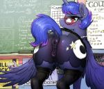  2018 absurd_res alternate_hairstyle anatomically_correct anatomically_correct_pussy animal_genitalia animal_pussy anus bedroom_eyes big_butt blue_eyes blue_feathers blush bottomless butt chalkboard classroom clitoral_winking clitoris clothed clothing cosmic_hair cutie_mark dock ear_piercing english_text equine equine_pussy eyelashes eyewear feathered_wings feathers female feral friendship_is_magic fur glasses hair half-closed_eyes hi_res horn inner_ear_fluff inside jewelry legwear looking_at_viewer looking_back mammal mouth_hold my_little_pony necklace piercing poster presenting presenting_hindquarters presenting_pussy princess_luna_(mlp) puffy_anus pussy raised_tail rear_view school seductive selenophile short_hair smile solo standing star sticker stockings teacher text thigh_highs winged_unicorn wings 