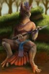  2018 4_fingers 4_toes anthro avian balls balls_slip beak biped black_eyes blue_bottomwear blurred_background brown_balls brown_feathers brown_nipples claws clothed clothing day digital_media_(artwork) ear_piercing falcrus feathers forest grass headdress hi_res holding_object holding_weapon jewelry logo loincloth looking_down male melee_weapon necklace nipples open_beak open_mouth open_smile outside piercing polearm sharp_claws sitting smile solo spear spread_legs spreading tail_feathers talons toe_claws toes topless translucent transparent_clothing tree tribal weapon white_beak white_claws yellow_sclera 