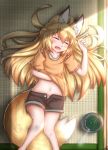 =_= ahoge animal_ears black_shorts blonde_hair collarbone commentary_request detached_sleeves drooling eyebrows_visible_through_hair fang feet_out_of_frame fox_ears fox_tail from_above hair_between_eyes hand_under_clothes hand_under_shirt highres horokusa_(korai) indoors knees_together_feet_apart korai_(horokusa) long_hair lying midriff mosquito_coil navel on_back open_clothes open_mouth open_shorts orange_shirt original panties pantyshot shirt short_sleeves shorts sleeping smoke solo sunlight tail tatami undershirt underwear very_long_hair white_panties wide_hips 