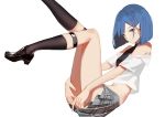  bare_shoulders blue_hair blush casual commentary darling_in_the_franxx derivative_work green_eyes hair_ornament hairclip high_heels highres ichigo_(darling_in_the_franxx) legs_up looking_at_viewer midriff necktie pleated_skirt reclining sannye shirt short_hair skirt smile socks solo white_shirt 