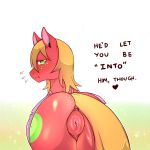  &lt;3 2018 alternate_hairstyle anus big_butt big_macintosh_(mlp) blonde_hair blush bottomless butt clothed clothing cold-blooded-twilight crossdressing cutie_mark dock earth_pony embarrassed english_text equine eyelashes feral freckles friendship_is_magic girly gradient_background green_eyes hair half-closed_eyes hi_res horse inviting lingerie looking_at_viewer looking_back male mammal my_little_pony pony presenting presenting_anus presenting_hindquarters puffy_anus rear_view simple_background solo sparkles text white_background 