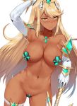  1girl areola_slip areolae armpits bare_shoulders blonde_hair blush bracelet breasts cameltoe closed_mouth collarbone cowboy_shot crotch_plate curvy dark_skin diadem elbow_gloves embarrassed gloves gluteal_fold hand_on_head hand_on_hilt hews_hack hikari_(xenoblade_2) jewelry large_breasts legband lips looking_at_viewer maebari microphone navel paid_reward pasties patreon_reward revealing_clothes solo standing sweat sword third-party_edit weapon white_gloves wide_hips xenoblade xenoblade_(series) xenoblade_2 yellow_eyes 