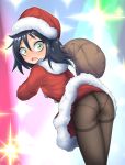  1girl ass bags_under_eyes black_hair black_legwear blush d: dress frankseven fur-trimmed_dress fur-trimmed_hat fur_collar green_eyes hair_between_eyes hat highres kuroki_tomoko leaning_forward long_hair looking_back open_mouth panties panties_under_pantyhose pantyhose red_dress red_hat sack santa_dress santa_hat solo sparkle sweat thighband_pantyhose underwear watashi_ga_motenai_no_wa_dou_kangaetemo_omaera_ga_warui! 