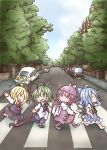  4girls abbey_road ahoge antenna_hair barefoot bird_wings black_cape black_skirt black_vest blonde_hair blue_dress blue_hair blue_shorts brick_wall cape car chibi cirno closed_eyes commentary_request crosswalk day dress eyebrows_visible_through_hair eyebrows_visible_through_hat facing_another flying_sweatdrops green_eyes green_hair ground_vehicle hair_between_eyes hands_on_hips hat head_tilt highres kneehighs lamppost lavender_dress lavender_footwear lavender_legwear long_sleeves looking_at_another looking_back motor_vehicle multiple_girls mystia_lorelei open_mouth outdoors outstretched_arms pink_eyes pink_hair puffy_short_sleeves puffy_sleeves red_footwear red_neckwear road rumia shirt short_hair short_sleeves shorts sidewalk skirt skirt_set smile spread_arms standing standing_on_one_leg stepping_on_clothes takanoru team_9 the_beatles touhou untucked_shirt vanishing_point vest volkswagen_beetle walking wardrobe_malfunction white_legwear white_shirt wings wriggle_nightbug 