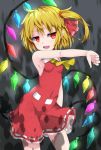  adapted_costume ahoge armpits ascot bare_arms belt blonde_hair bow breasts contrapposto cowboy_shot cravat crystal curled_fingers dress eyebrows_visible_through_hair fang flandre_scarlet grey_background hair_between_eyes hair_bow hair_ribbon laevatein looking_at_viewer messy_hair no_headwear one_side_up open_mouth outstretched_arm petticoat red_dress red_eyes ribbon side_ponytail sideboob sleeveless sleeveless_dress small_breasts solo standing thick_eyebrows thumbs_down touhou upper_teeth uumaru wings yellow_neckwear 