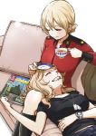  black_shirt blonde_hair blush boots closed_eyes couch cup darjeeling dog_tags girls_und_panzer green_jacket ground_vehicle head_on_knees highres hone_(honehone083) jacket jacket_removed kay_(girls_und_panzer) magazine military military_vehicle motor_vehicle multiple_girls on_couch one_eye_closed red_jacket saucer saunders_military_uniform shirt smile st._gloriana's_military_uniform t-shirt tank tea teacup watch yuri 