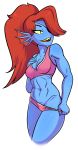  2018 5_fingers abs anthro bedroom_eyes blue_skin bra breasts cleavage clothed clothing digital_media_(artwork) eye_patch eyewear female fish hair half-closed_eyes hi_res long_hair marine muscular navel open_mouth panties pose red_hair relateddude seductive sharp_teeth slit_pupils solo standing teasing teeth undertale underwear undressing undyne video_games 