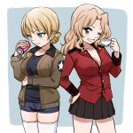  blue_background blue_eyes blush breasts can cleavage coca-cola cosplay costume_switch cup darjeeling girls_und_panzer green_jacket hands_on_hips hone_(honehone083) jacket kay_(girls_und_panzer) large_breasts multiple_girls no_shirt one_eye_closed red_jacket saunders_military_uniform shirt short_shorts shorts simple_background skirt smile soda_can st._gloriana's_military_uniform t-shirt teacup thighhighs 