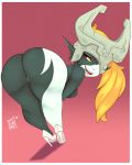 2018 bent_over big_butt border breasts butt clothing digital_media_(artwork) female footwear gradient_background hair hi_res high_heels humanoid imp l-a-v_(artist) long_hair looking_back midna nintendo not_furry open_mouth pussy red_eyes shoes short_stack side_boob signature simple_background solo the_legend_of_zelda thick_thighs twili twilight_princess video_games white_border yellow_sclera 