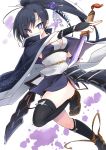  black_hair blue_eyes breasts cape capelet cleavage commentary_request covered_mouth highres large_breasts ninja original ponytail senhappyaku solo sword thighhighs weapon 