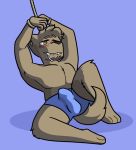  anthro balls blush bound bulge canine clothing digital_media_(artwork) drooling erection fur hair male mammal muscular muscular_male penis rope rope_bondage saliva simple_background smile smirk solo soot_in_suit underwear 