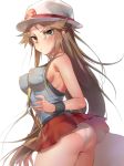  ass blue_(pokemon) blush breasts brown_hair covered_nipples green_eyes hat highres large_breasts long_hair looking_at_viewer miniskirt naso4 panties pokemon pokemon_(game) pokemon_frlg red_skirt shirt sideboob simple_background skirt sleeveless sleeveless_shirt solo super_smash_bros. super_smash_bros._ultimate underwear white_background white_panties wristband 