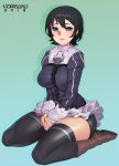  artist_name bike_shorts black_hair boots breasts dated frilled_skirt frills gradient gradient_background green_eyes hair_between_eyes highres kneeling large_breasts looking_at_viewer norasuko parted_lips short_hair skirt solo the_seven_deadly_sins thighhighs totsuka_maria 