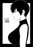 bangs bare_shoulders breasts commentary earrings from_side greyscale hair_between_eyes highres jewelry large_breasts monochrome norman_maggot ol-chan_(norman_maggot) original pixie_cut profile ribbed_shirt shirt short_hair sleeveless sleeveless_shirt sleeveless_turtleneck solo turtleneck 