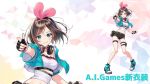  a.i._channel bow breasts commentary_request fingerless_gloves gloves green_eyes hair_ribbon hairband headphones kizuna_ai leg_belt looking_at_viewer morikura_en multicolored_hair official_art pink_hair pink_hairband pink_ribbon pointing pointing_at_viewer ribbon short_hair shorts 