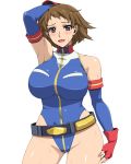  ameoto armpits belt blue_eyes blue_leotard blush breasts brown_hair commentary_request cosplay elbow_gloves fingerless_gloves gloves gundam gundam_build_divers gundam_card_builder highleg highleg_leotard large_breasts leotard looking_at_viewer nanase_nanami_(gundam_build_divers) open_mouth reiko_holinger reiko_holinger_(cosplay) shiny shiny_clothes shiny_hair shiny_skin short_hair simple_background sleeveless smile solo sweat white_background 