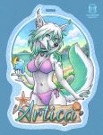  2018 alcohol artica_sparkle badge beach beverage bikini blue_hawaii bulge cherry clothing cocktail cutout dickgirl ear_piercing food fruit fur green_eyes ice intersex jogauni kacey looking_at_viewer marine piercing sea seaside shells starfish summer swimsuit tattoo traditional_media_(artwork) tropical water white_fur 