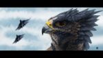  2018 aircraft airplane ambiguous_gender avian beak bird black_eyes blurred_background brown_sclera cloud day digital_media_(artwork) falcon falcrus falcrus_(character) feathers feral front_view grey_beak grey_feathers gryphon headshot_portrait hi_res jet letterbox logo looking_aside outside peregrine_falcon portrait sky solo white_feathers 