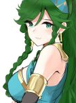  armlet bare_shoulders blue_dress blush braid breasts commentary cosplay dress earrings english_commentary eyebrows_visible_through_hair fire_emblem fire_emblem:_kakusei fire_emblem:_rekka_no_ken fire_emblem_heroes from_side green_eyes green_hair high_ponytail highres jewelry long_hair lyndis_(fire_emblem) olivia_(fire_emblem) olivia_(fire_emblem)_(cosplay) ormille ponytail sideboob smile twin_braids 