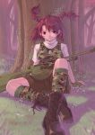  1girl antenna_hair artist_name bike_shorts boots breasts brown_hair cameltoe camouflage eyebrows_visible_through_hair eyes_visible_through_hair fingerless_gloves flower gloves gun highres kneehighs kobayashi_yuji medium_breasts military nature outdoors red_eyes shorts sitting skirt solo star tree twin_braids upskirt weapon 