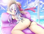  ass azur_lane bikini blue_sky blush breast_press breasts cameltoe commentary_request cygnet_(azur_lane) day grey_hair hair_ornament hairclip hat highres inflatable_raft large_breasts looking_at_viewer maritaki purple_eyes side-tie_bikini sideboob sky straw_hat sun swimsuit untied untied_bikini v wet wind_turbine windmill 