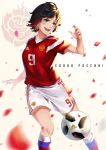 2018_fifa_world_cup adidas ball blush breasts check_translation cyrillic dated gradient highres jersey lulu-chan92 multicolored_hair open_mouth petals rose_petals ruby_rose russia russian russian_flag rwby short_hair signature silver_eyes simple_background smile soccer soccer_ball soccer_uniform solo sportswear telstar_18 translation_request two-tone_hair world_cup 