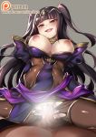  1girl black_dress black_hair breasts breasts_outside clothed_female_nude_male dress fire_emblem fire_emblem:_kakusei fire_emblem_heroes hetero highres kaorihero light_censor looking_at_viewer nipples nude open_mouth pantyhose penis pov pussy sex simple_background smile solo_focus spread_legs tharja tiara torn_clothes torn_legwear vaginal 