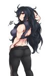  absurdres airisubaka ass black_hair breasts daidouji_(senran_kagura) highres long_hair looking_back mole mole_under_eye muscle muscular_female pants red_eyes senran_kagura signature simple_background 