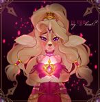  anthro beauty_mark blonde_hair breasts brown_nose cervine choker clothed clothing ear_tuft english_text female fur gem hair horn long_hair mammal open_mouth pacevanrign purple_eyes sad solo spots tan_fur teeth text tuft yellow_fur 