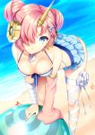  agekichi_(heart_shape) arched_back ass ball bandaged_arm bandages beach beachball bikini blue_bikini blue_eyes breasts chestnut_mouth cleavage collarbone commentary_request cowboy_shot detached_sleeves double_bun fate/grand_order fate_(series) frankenstein's_monster_(fate) frankenstein's_monster_(swimsuit_saber)_(fate) hair_ornament hair_over_eyes hair_over_one_eye headgear heterochromia horn leaning_forward leaning_on_object looking_at_viewer outdoors pink_hair sand single_detached_sleeve solo standing swimsuit water 