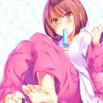  absurdres barefoot blush brown_eyes brown_hair commentary feet food food_in_mouth highres llenn_(sao) long_sleeves maechuu mouth_hold popsicle short_hair sitting soles solo sword_art_online sword_art_online_alternative:_gun_gale_online 